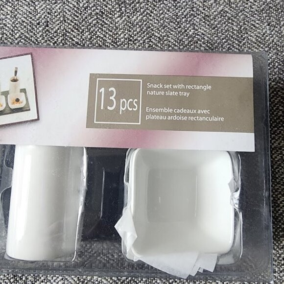 13 Piece Porcelain Snack Set with Rectangle Nature Slate Tray - Picture 4 of 9